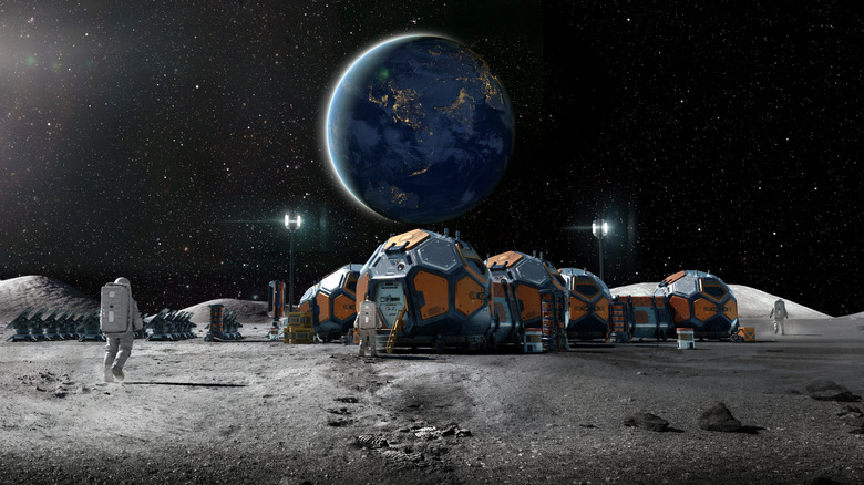 illustration of astronaut facing moon colony