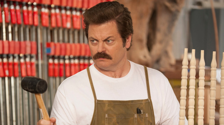 Nick Offerman's Ron Swanson looking menacing on Parks and Recreation