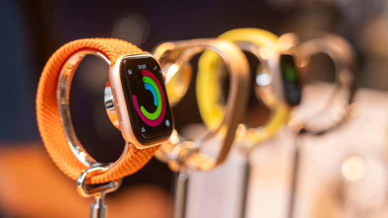 The most recent line of Apple Watches on display