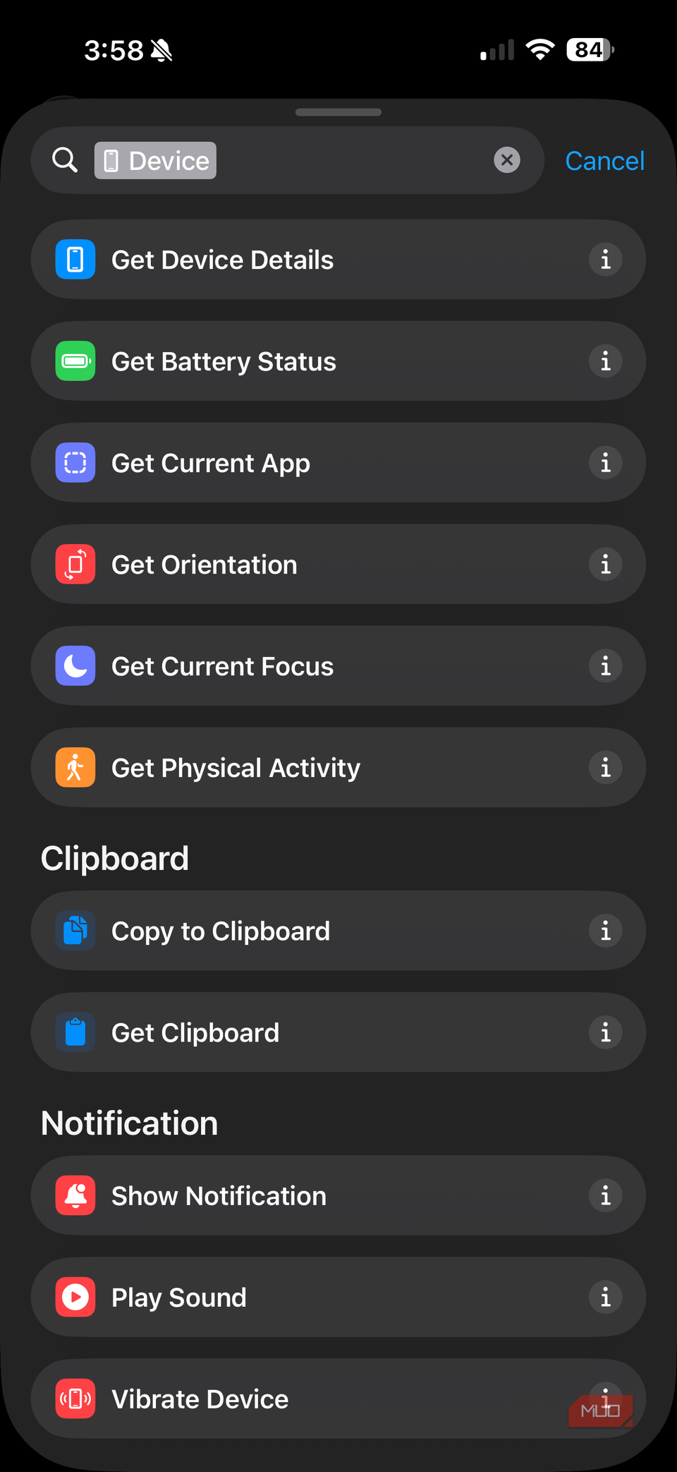 iphone showing device settings in shortcuts app