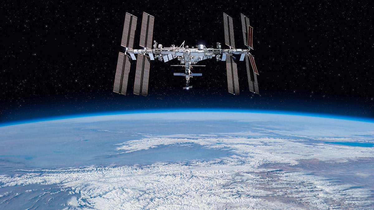 International space station on orbit of Earth planet.
