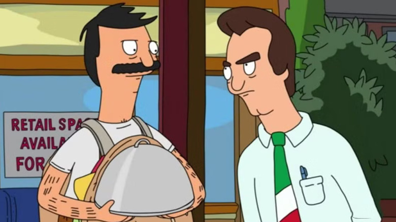 Bob Belcher and Jimmy Pesto staring angrily at each other in Bob's Burgers