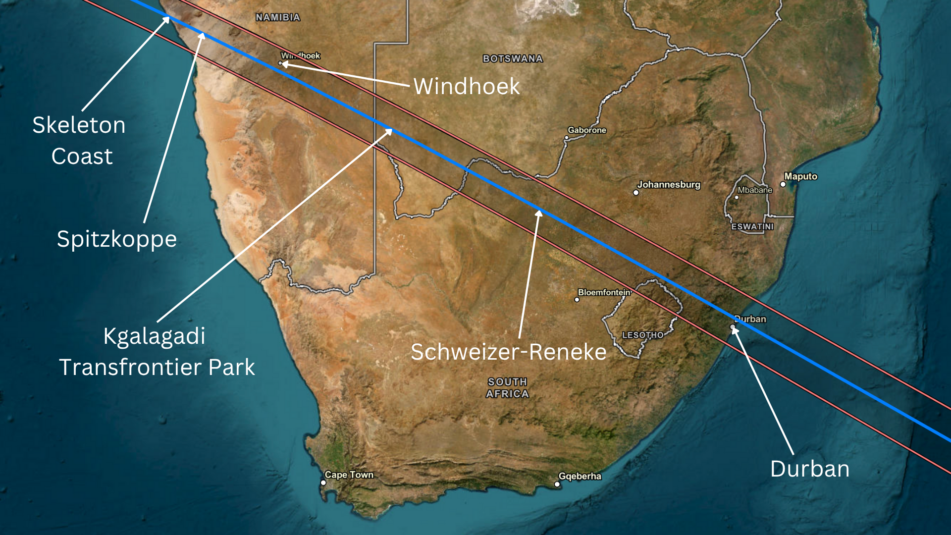 A series of maps showing the southern tip of Africa and Australia with various labels indicating parks all placed along a transparent dark line representing the path of the sun for the 2030 total solar eclipse.