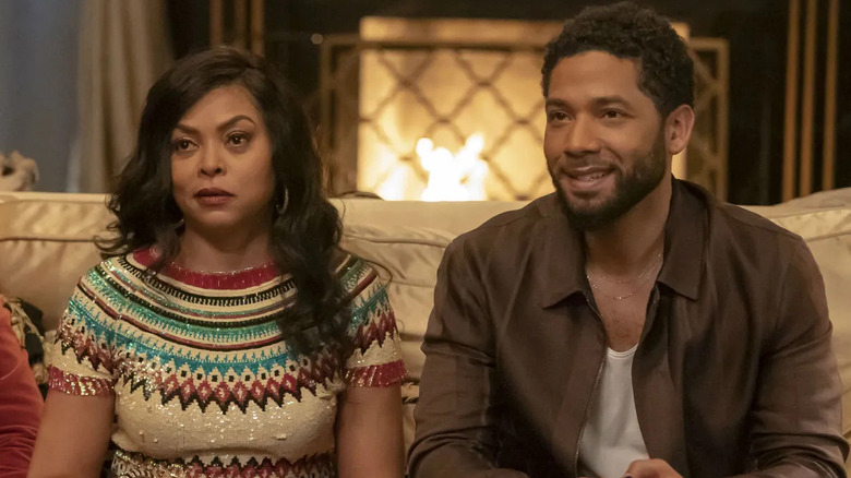 Taraji P. Henson as Cookie and Jussie Smollett as Jamal sitting together on Empire