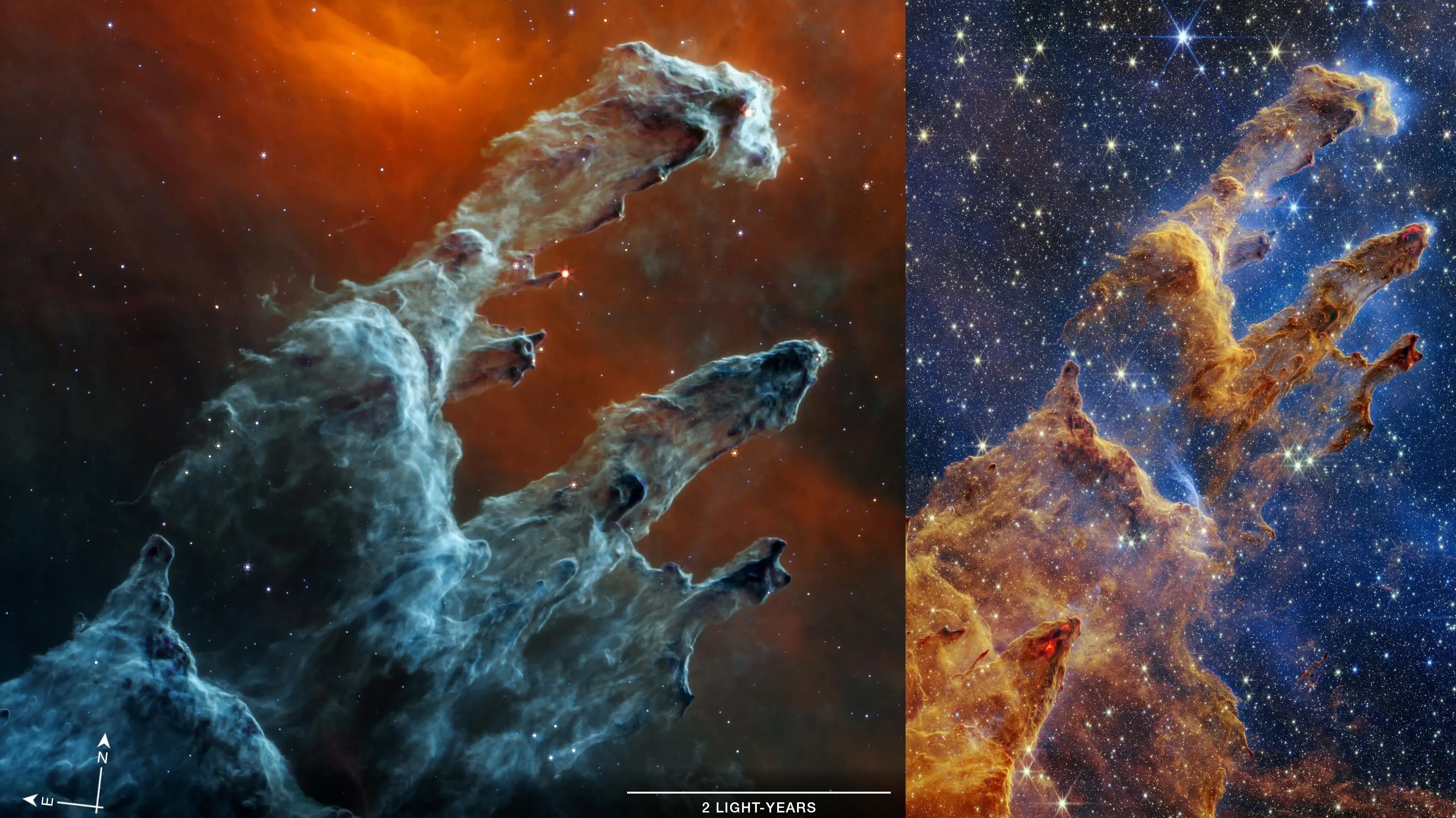 Two side-by-side images of the Pillars of Creation in the Eagle Nebula showcase different views with vibrant colors and star-filled backgrounds, embodying the great paradox of beauty within science.