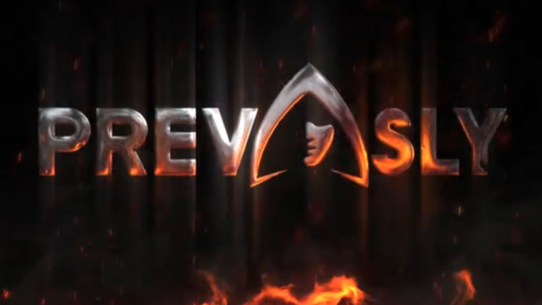 The word 'Previously' with a hooded figure logo where the 'iou' should be and flames beneath the word