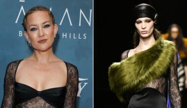 Kate Hudson in a sheer lace dress from Nina Ricci's fall 2025 collection; a model wearing the dress with a chartreuse fur wrap on the runway.