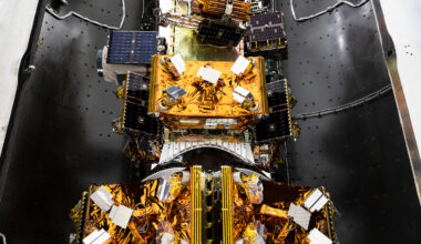 NASA’s Pandora small satellite, and NASA-sponsored Star-Planet Activity Research CubeSat (SPARCS), and Black Hole Coded Aperture Telescope (BlackCAT) CubeSat, inside a SpaceX Falcon 9 payload fairing