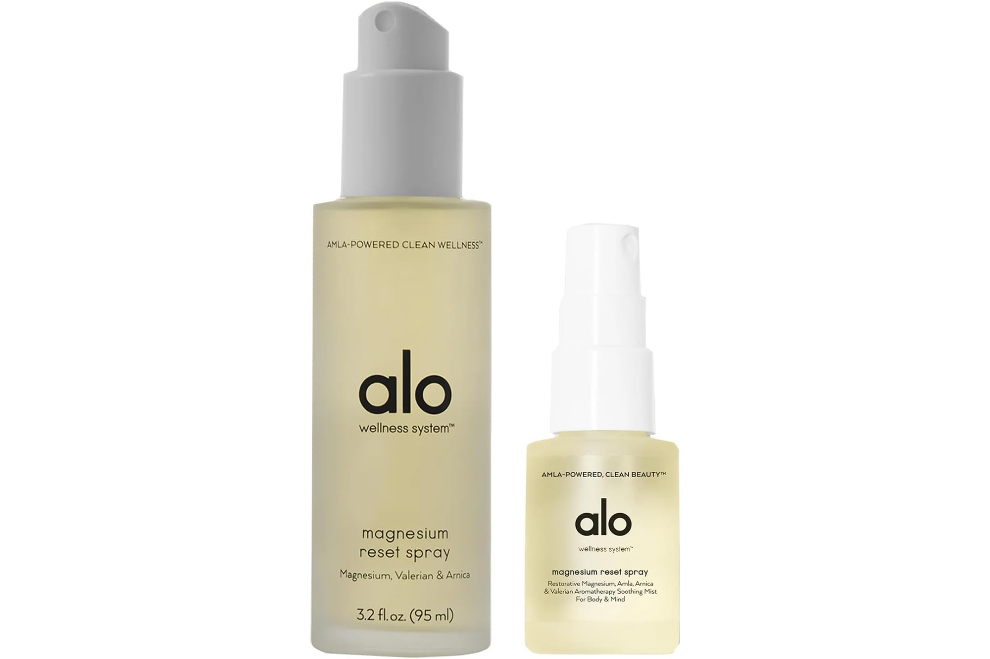 Two bottles of Alo Wellness System Magnesium Reset Spray, one large and one small.