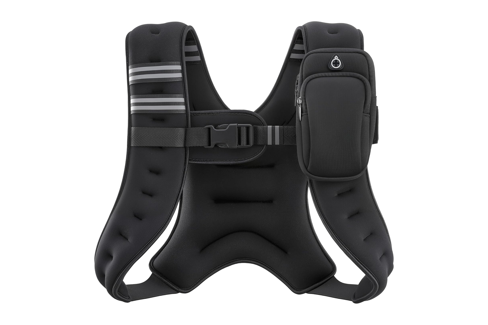 Black weighted vest with reflective strips and a phone pouch.