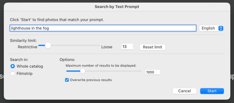 Screenshot of a "Search by Text Prompt" window with the prompt "lighthouse in the fog" entered. Options for similarity, search location, number of results, and overwrite previous results are visible.