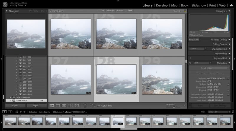 Screenshot of Adobe Lightroom Classic displaying a grid of foggy seascape photos with a lighthouse in the distance. Editing and metadata panels are visible on the right, with image thumbnails along the bottom.