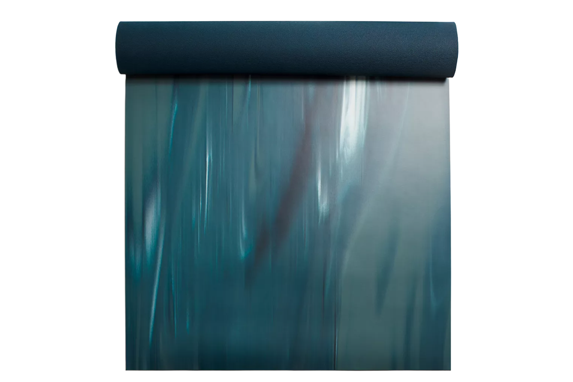 A partially unrolled dark teal yoga mat with a faded pattern.