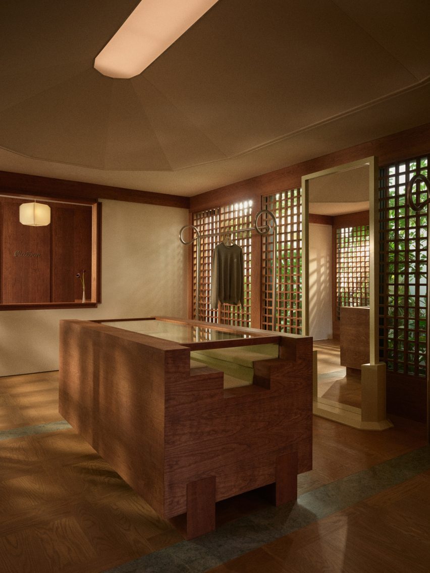 A boutique interior with cherry screens that allow views out to plant-filled atriums