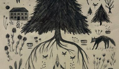 a folk-art inspired work by Michael McGrath with eyes, insects, trees and more