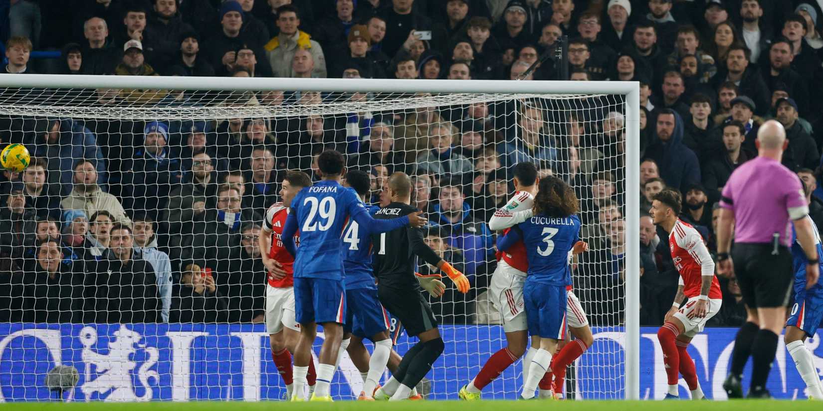 Arsenal's Ben White scores their first goal past Chelsea's Robert Sanchez