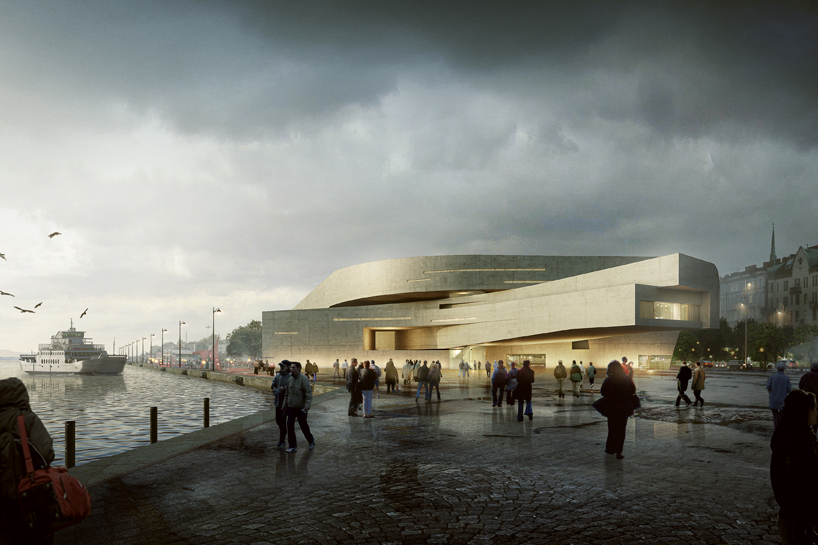 near figure envisions evolving green concrete museum unfolding along helsinki harbor