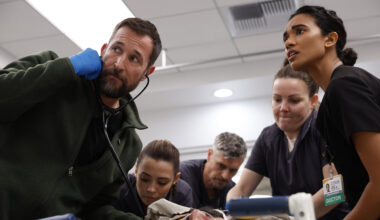 Noah Wyle, Supriya Ganesh and more of the 'Pitt' crew, treating patients.