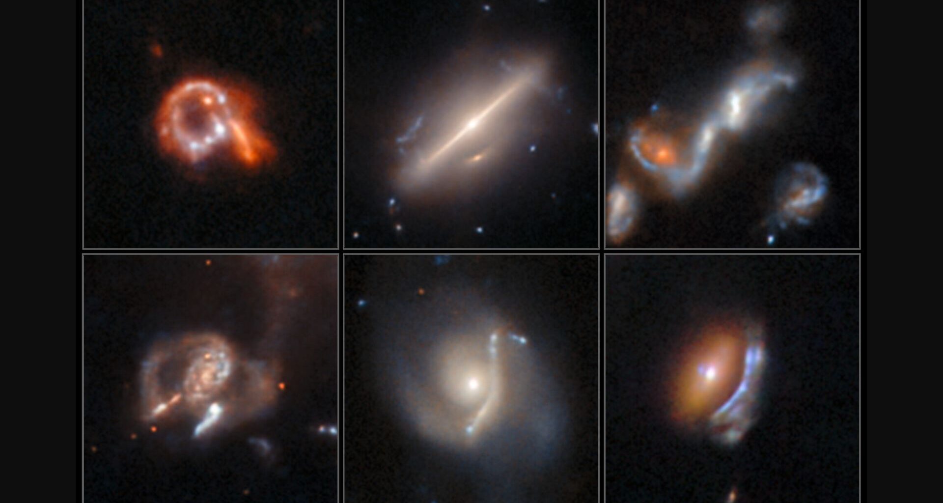 A collage of six images, showing different kinds of &ldquo;anomalous&rdquo; astrophysical objects. These are galaxies with unusual shapes, among them a ring-shaped galaxy, a bipolar galaxy, a group of merging galaxies, and three galaxies with warped arcs created by gravitational lensing.