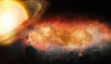 Illustration shows a disk of planetary debris and its shroud of gas and dust passing in front of a star