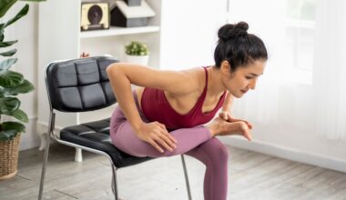 Woman demonstrating supported pigeon pose at home on chair in living room as part of a chair yoga workout