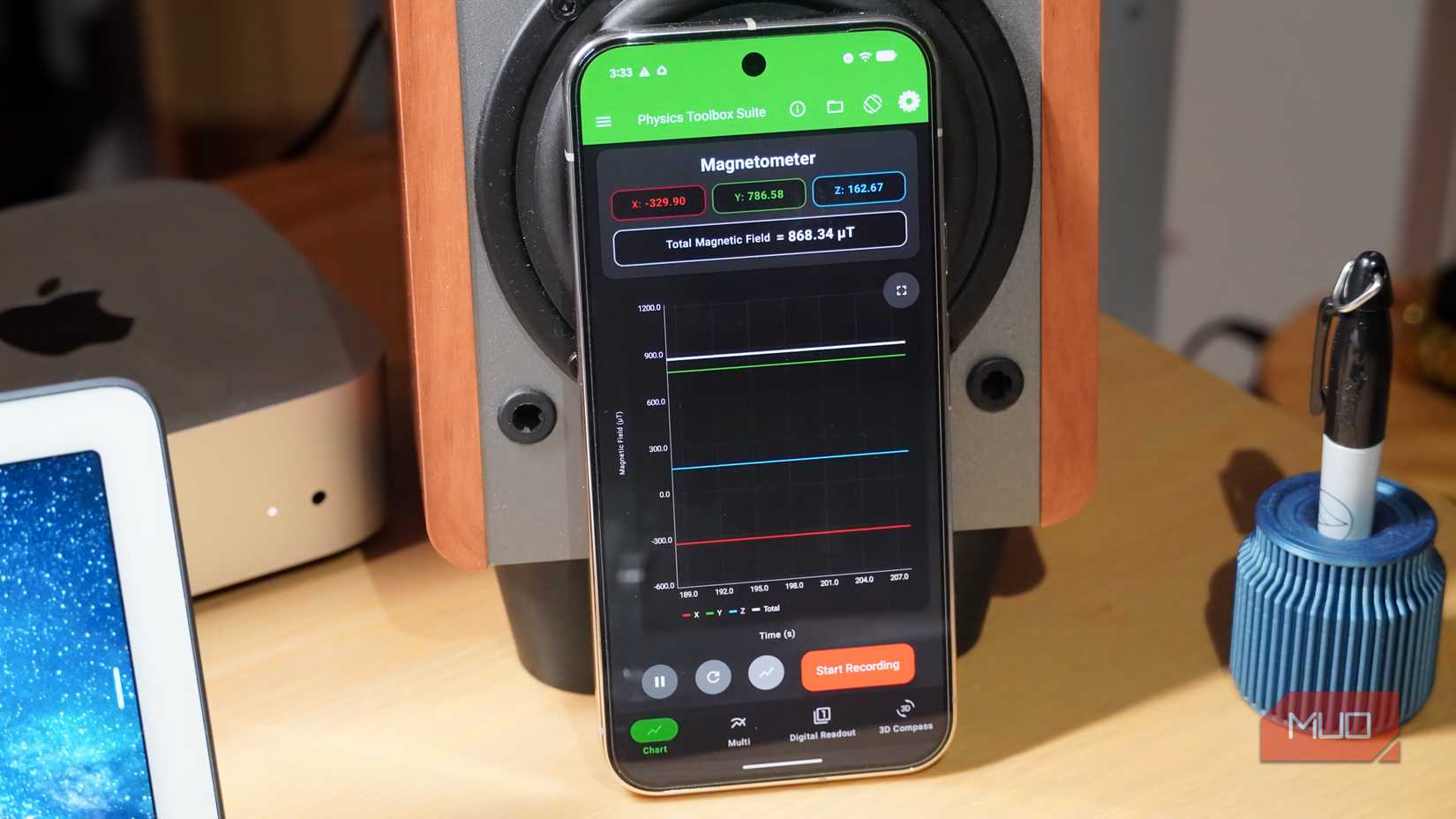 A magnetometer graph while a phone is leaning on a speaker.