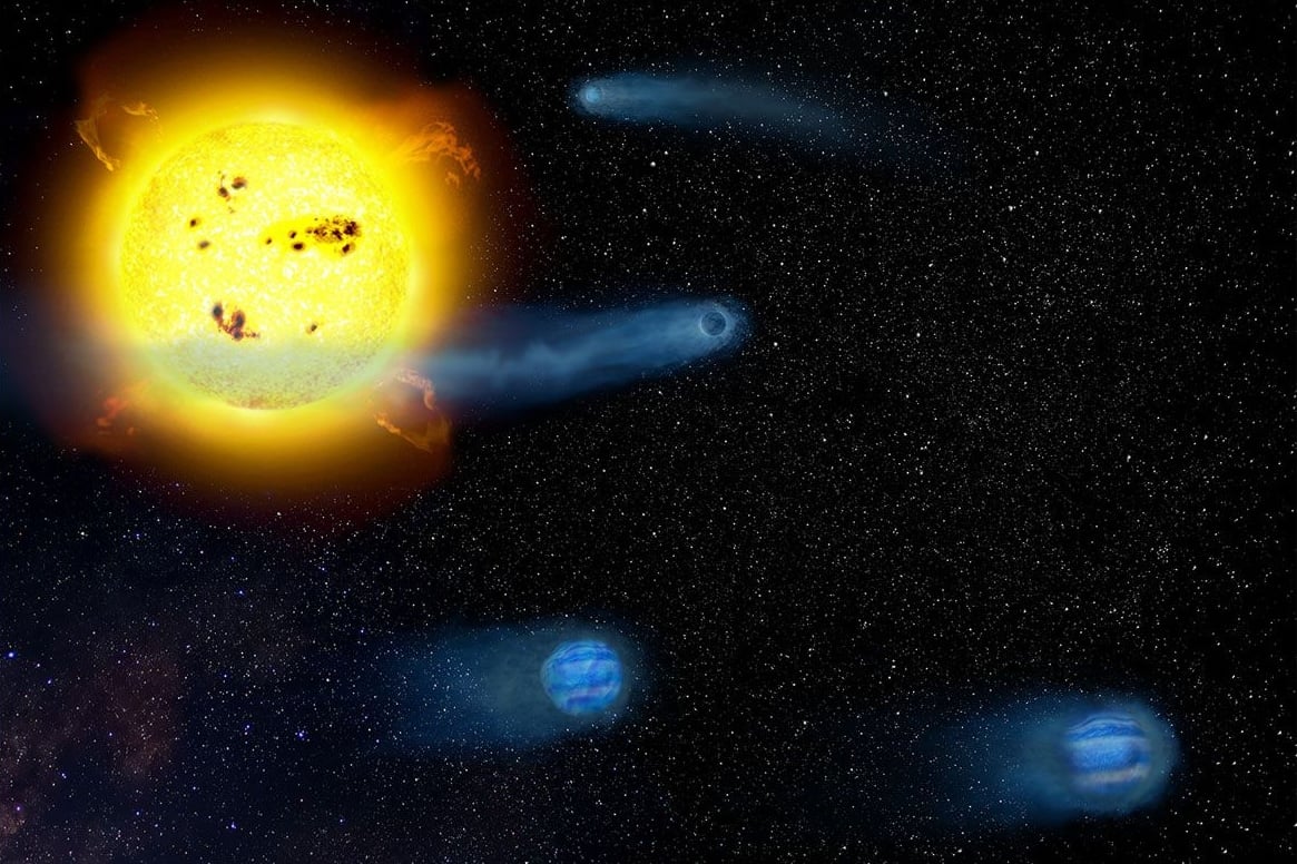 Illustration of four baby planets in the V1298 Tau system in the process of becoming super-Earths and sub-Neptunes. Credit: Astrobiology Center, NINS