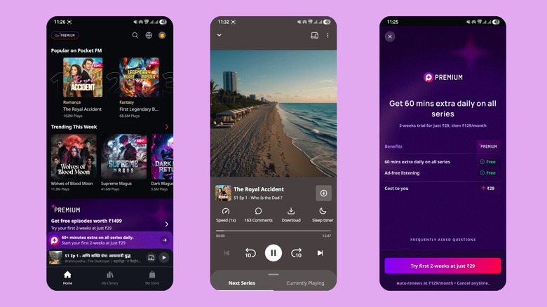 Audio series playing and premium subscription page of the Pocket FM app