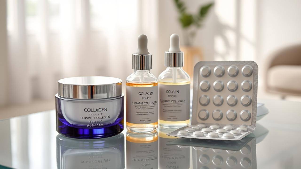 I present a high-angle close-up of luxurious collagen products, artfully arranged on a clear glass table, showcasing their premium quality and efficacy. Premium Collagen Collection Display