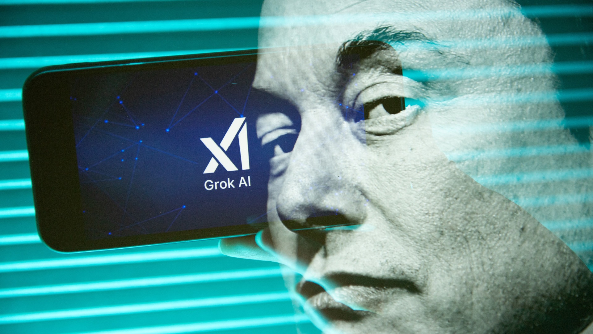 Double exposure photograph of a portrait of elon musk and a person holding a telephone displaying the grok artificial intelligence logo