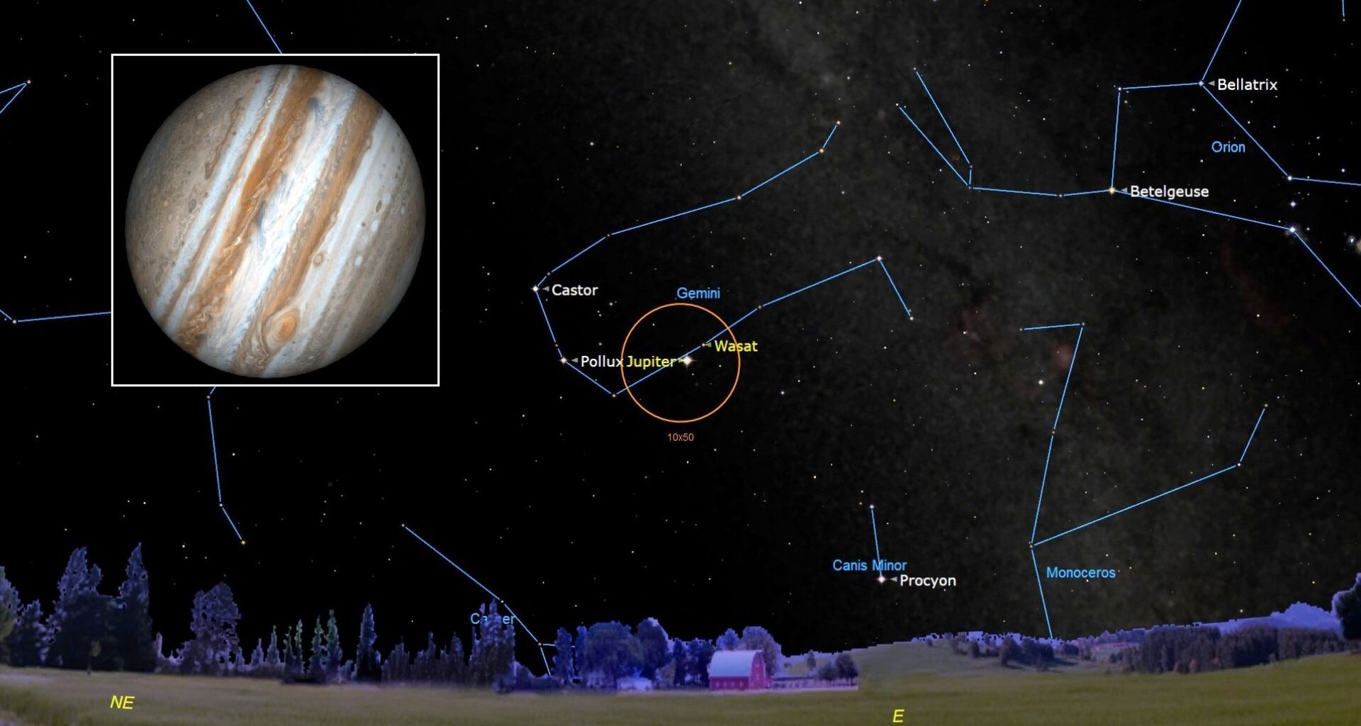 A star map shows labeled stars like Castor and Pollux with an orange circle around the dot labeled Jupiter and a boxout to the left of the image showing a close up of the planet Jupiter in space surrounded by a white box
