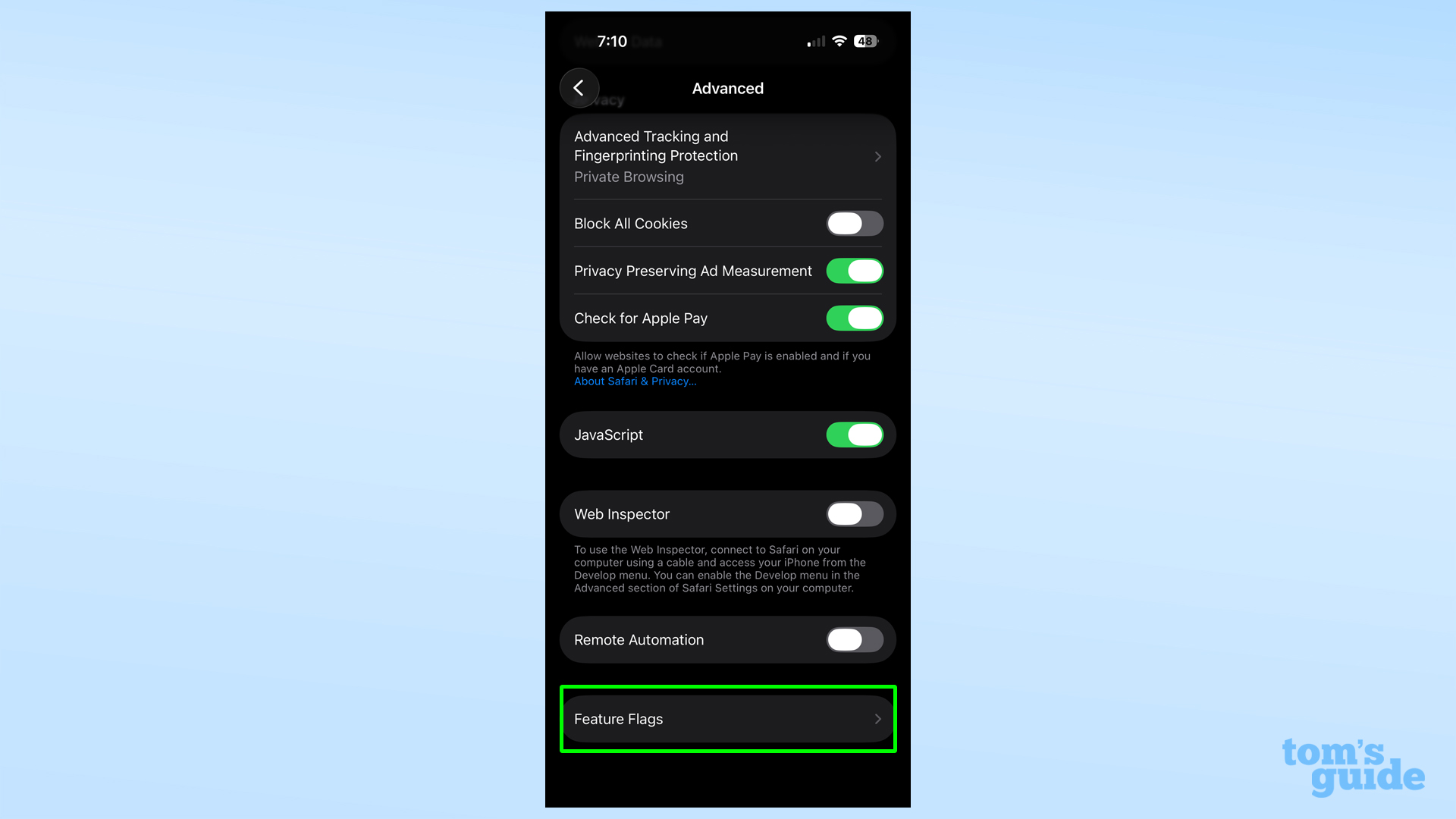Feature Flags in Safari's advanced settings