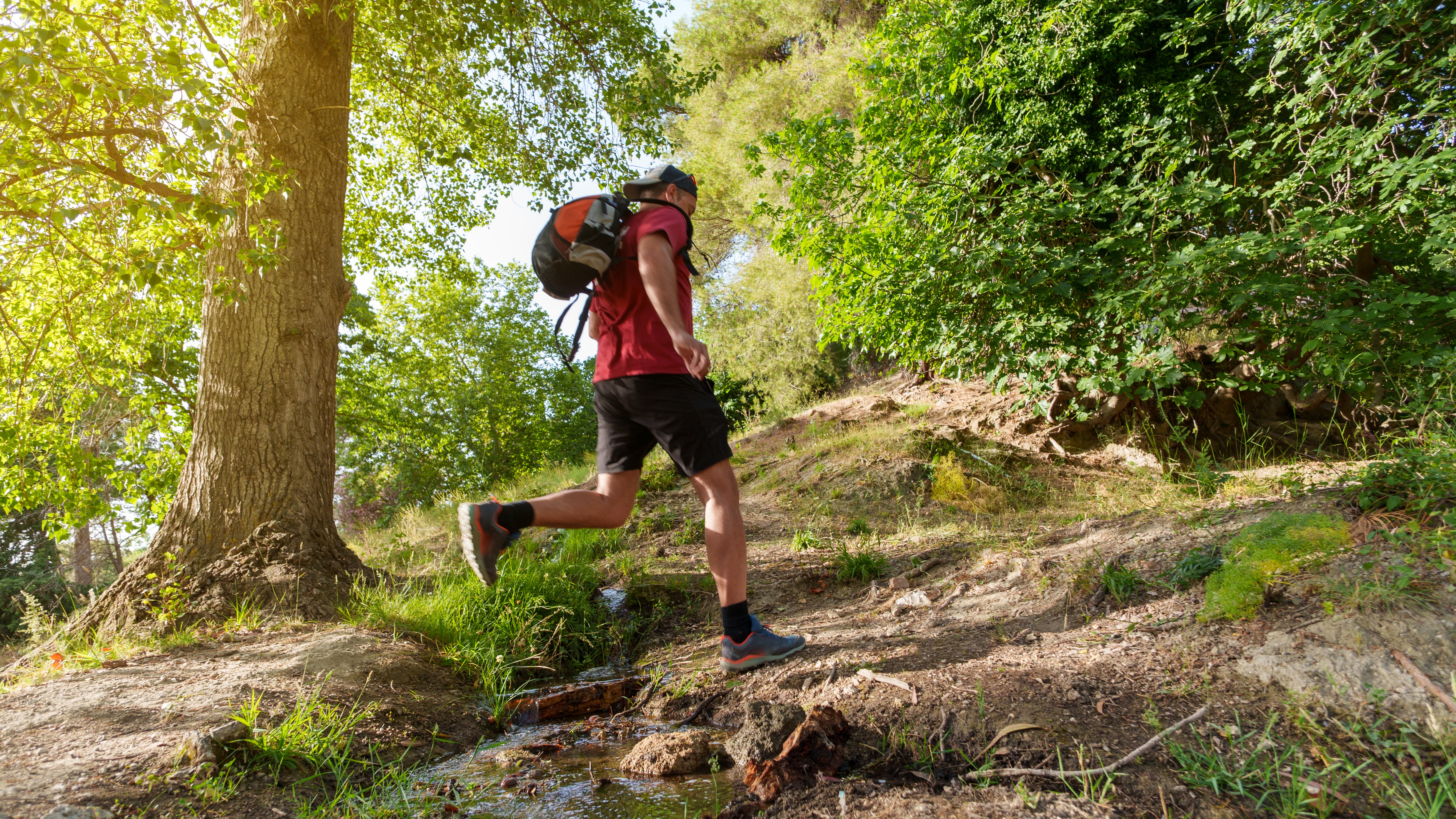 A man running through a forest wearing a backpack