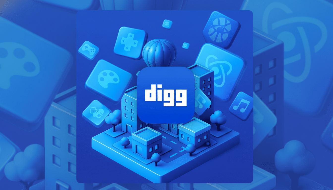 The Digg logo is prominently displayed in the center of the image, surrounded by various app icons and 3D models of buildings and trees, all rendered in shades of blue. The background is a professional flat design with soft patterns and gradients, maintaining a clean and professional presentation.