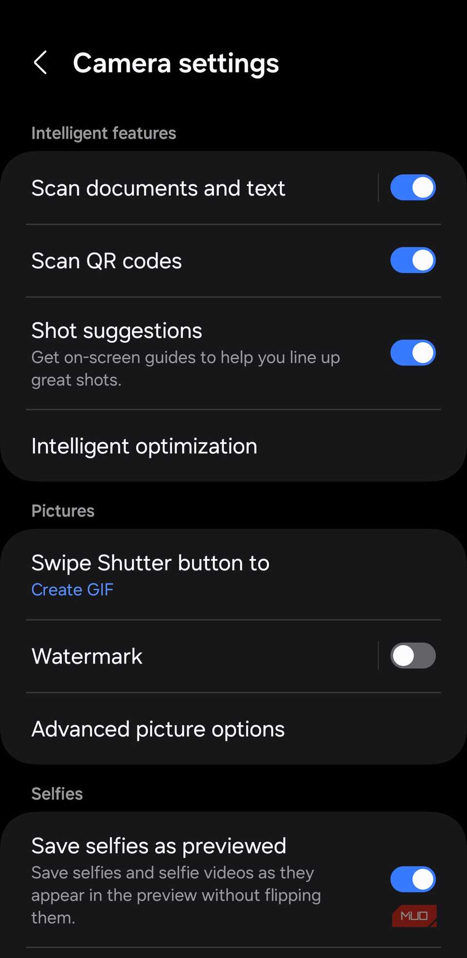 Samsung Camera app settings on Galaxy phone