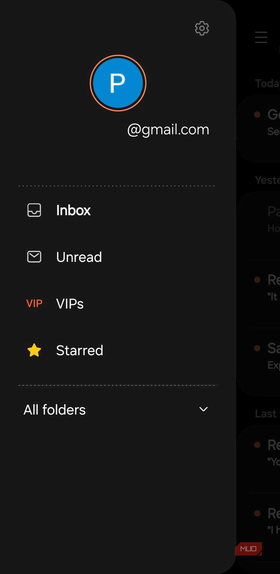 Samsung Email app menu on Galaxy phone