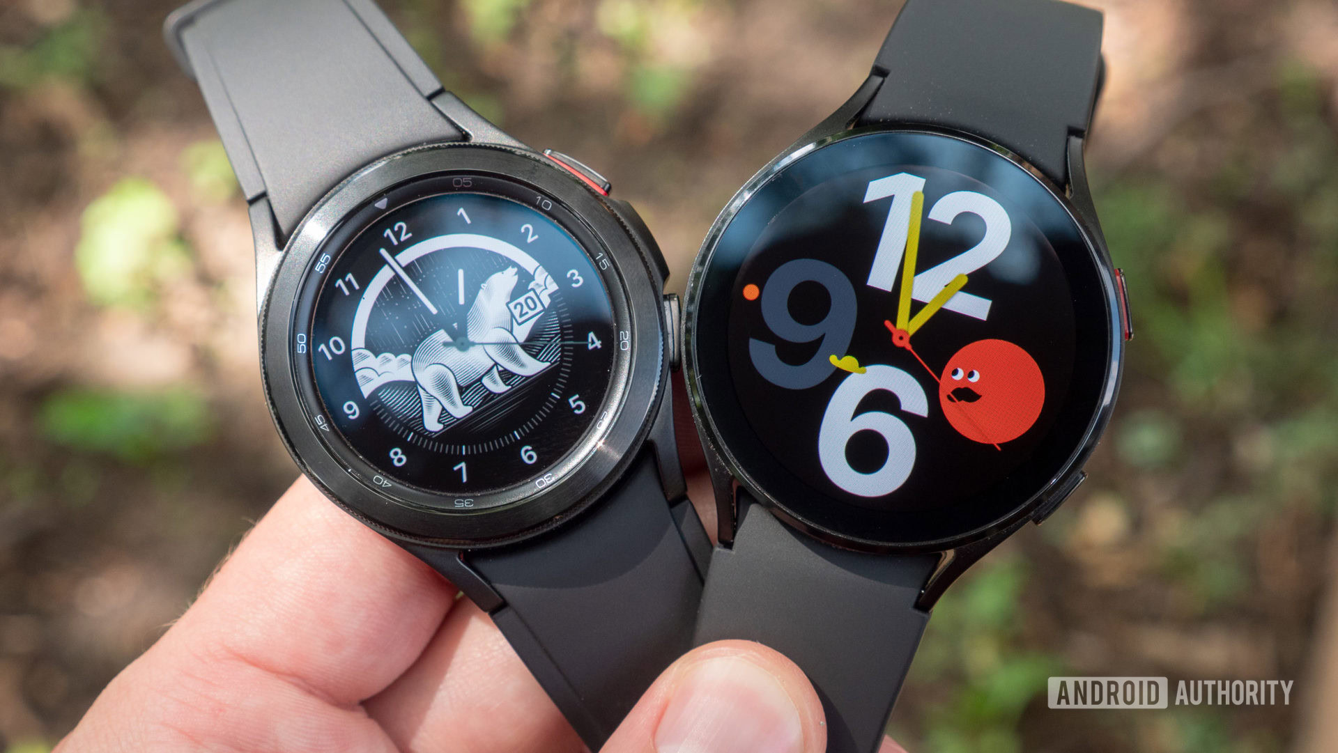 samsung galaxy watch 4 review galaxy watch 4 classic in hand The Samsung Galaxy Watch 4 and Samsung Galaxy Watch 4 Classic being held in someone's hand.
