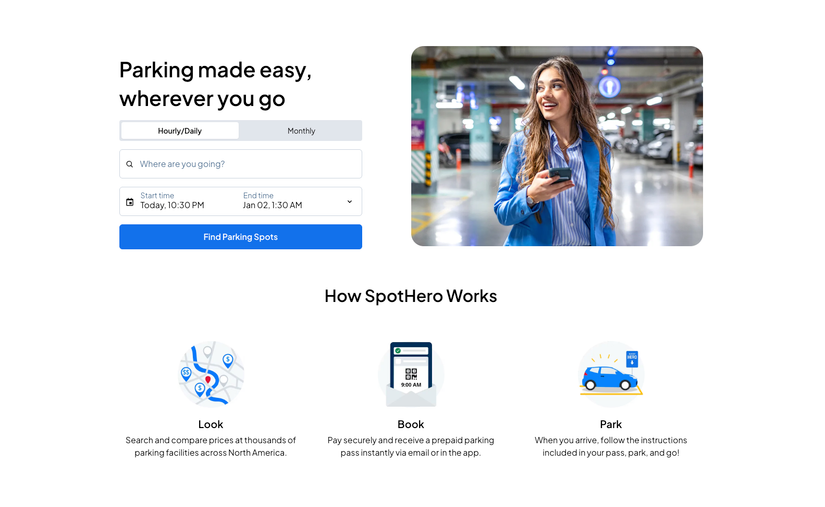 A marketing graphic for SpotHero titled "Parking made easy, wherever you go."