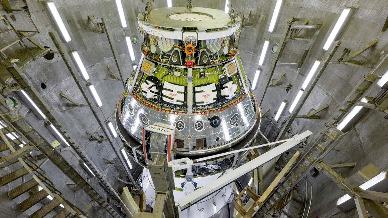 The Artemis 2 Orion spacecraft at NASA'S Kennedy Space Center in 2024. Pic: Rad Sinyak/NASA via AP