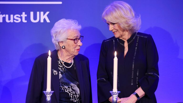Camilla and Eva Schloss at a candle-lighting ceremony during a reception for the Anne Frank Trust in 2022. Pic: AP