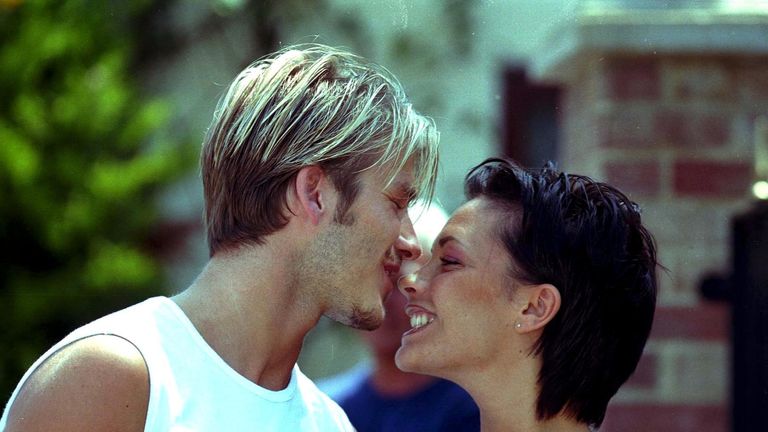 David and Victoria Adams pose ahead of their wedding in 1999. Pic: Rex Features