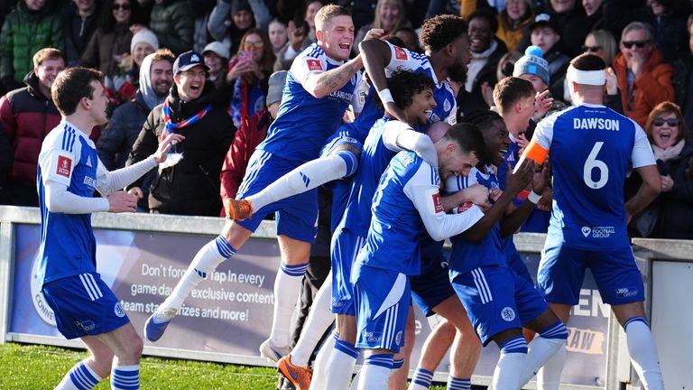 Macclesfield's Isaac Buckley-Ricketts (c) celebrates scoring his side's second goal. Pic: PA