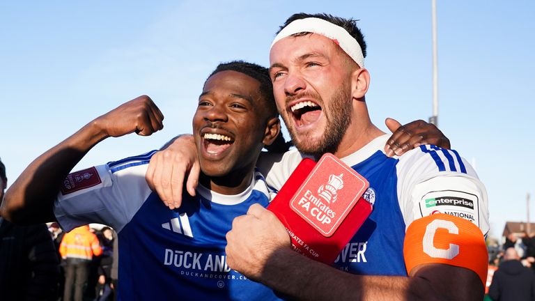Macclesfield FC goalscorers Paul Dawson and Isaac Buckley-Ricketts. Pic: PA