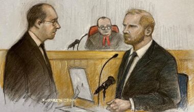 Harry and ANL lawyer Anthony White. Sketch: Elizabeth Cook/ PA