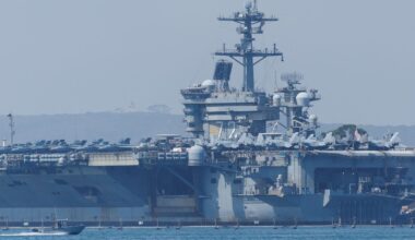 The USS Abraham Lincoln (pictured) and several guided-missile destroyers are due to arrive in the region in the coming days. Pic: Reuters