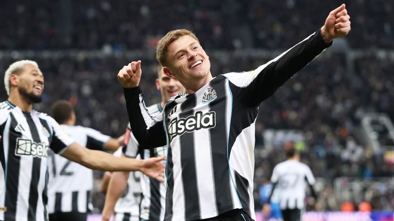 Harvey Barnes celebrates after giving Newcastle a 3-2 lead against Bournemouth