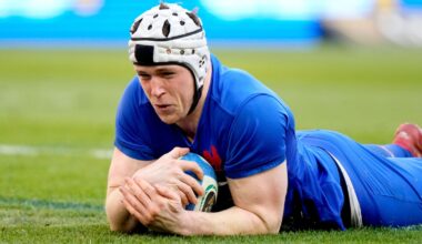 Thibault Flament scores a try for France in their Six Nations clash with Italy