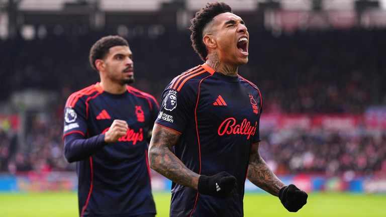 Igor Jesus celebrates after opening the scoring for Nottingham Forest at Brentford