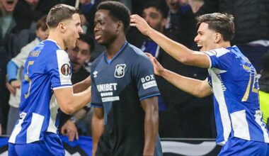 Rangers' Djeidi Gassama looks dejected as Porto's Jan Bednarek and Francisco Moura celebrate Emmanuel Fernandez's own goal