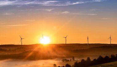 Renewable energy wind turbines sunset landscape.